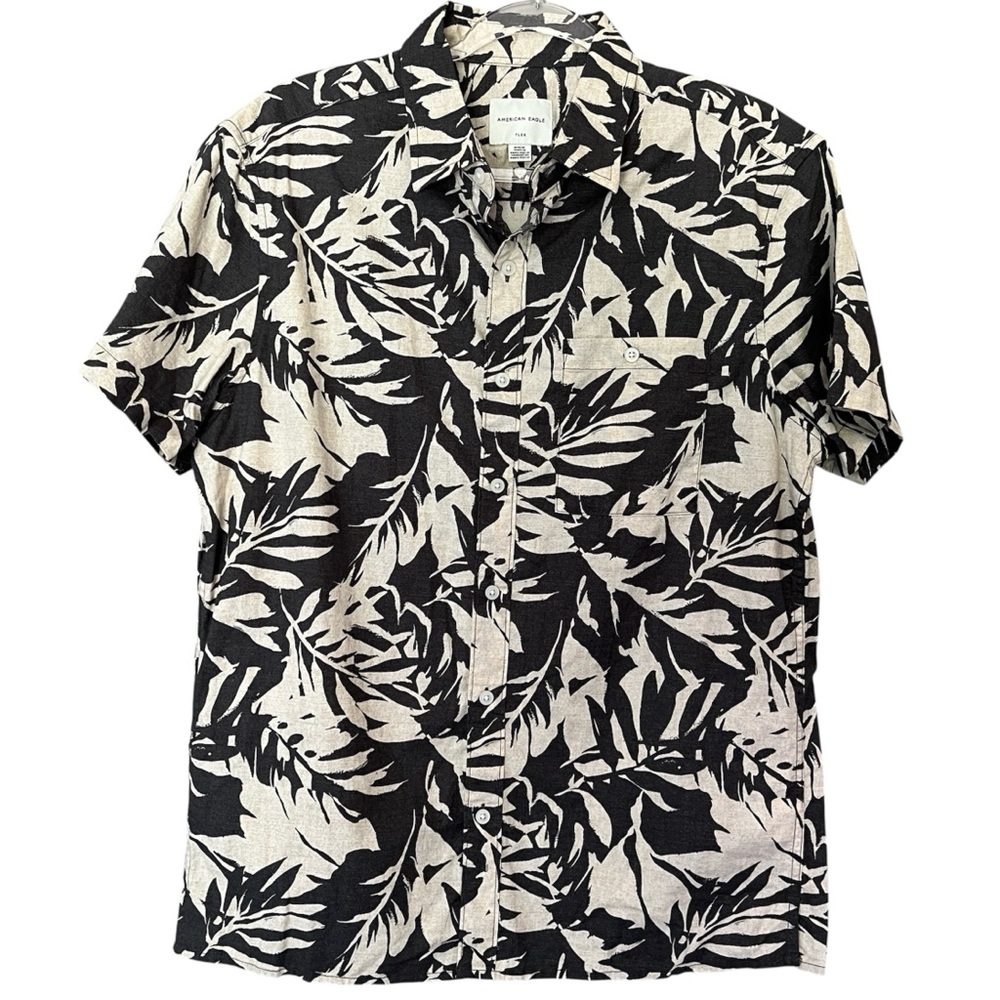 AE Flex Men’s M Short Sleeve Button Up Shirt Tropical Jungle Palm Leaf Print